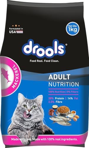 Drools Cat Adult Dry Cat Food 1kg with Free Cat Creamy Treat 75g | Mackerel Flavour | Hair Ball Protection | Taurine for Healthy Heart | Healthy Skin & Beautiful Coat