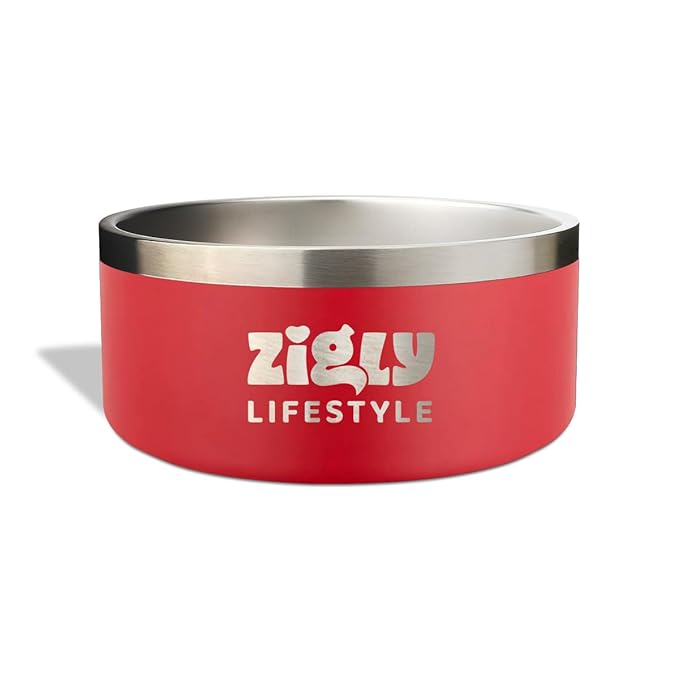 Zigly Double Walled Dog Bowl – 2000 ml, Red | Insulated Food Bowl for Dog | Anti-Skid Base | Large Size Dog Bowl for Food & Water