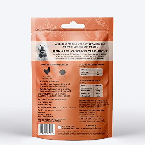 HUFT Sara’s Doggie Treats - Chicken Jerky with Pumpkin | 100% Natural, Farm Fresh Ingredients, Suitable for All Dog Breeds - 70 g