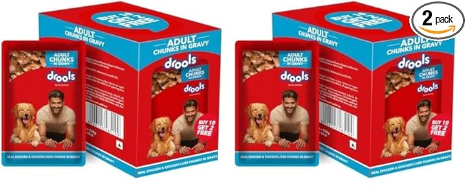 Drools Adult Wet Dog Food, Real Chicken and Chicken Liver Chunks in Gravy,10 Pouches + 2 Pouches Free (12 x 60g) (Pack of 2)