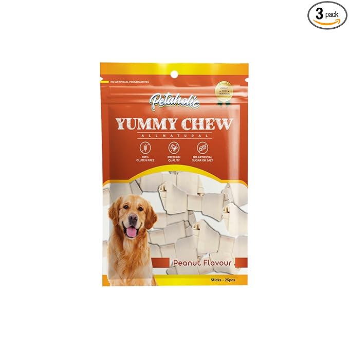 Petaholic Yummy Chew All Natural Dog Treats 100% Gluten Free Peanut Flavour Knotted 190gm (Pack of 3 x 190gm) Exclusively Sold by DogsNCats