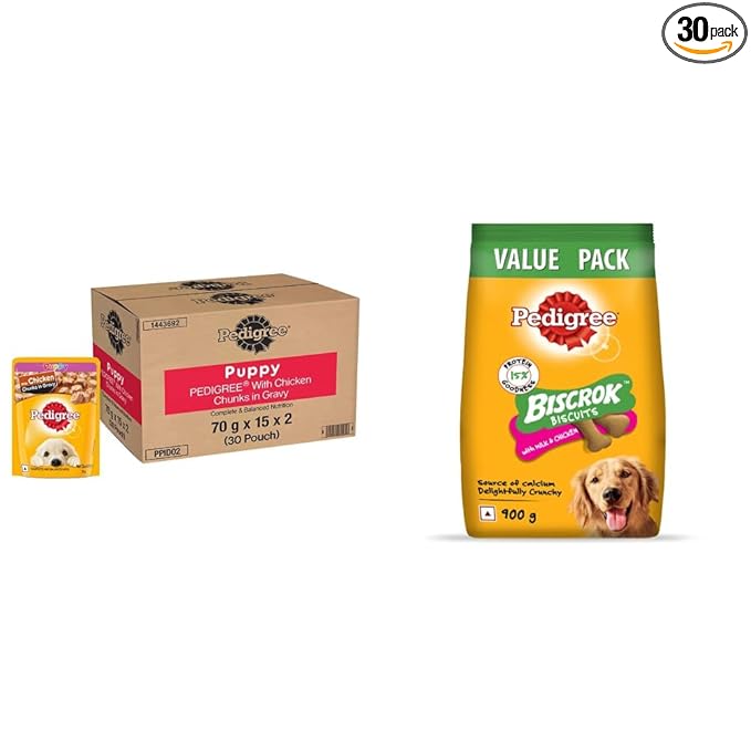 Pedigree Puppy Wet Dog Food, Chicken Chunks in Gravy, 70 g (Pack of 30) & Pedigree All Life Stages Biscrok Biscuits (Above 4 Months), Milk and Chicken Flavor, 900g Pack