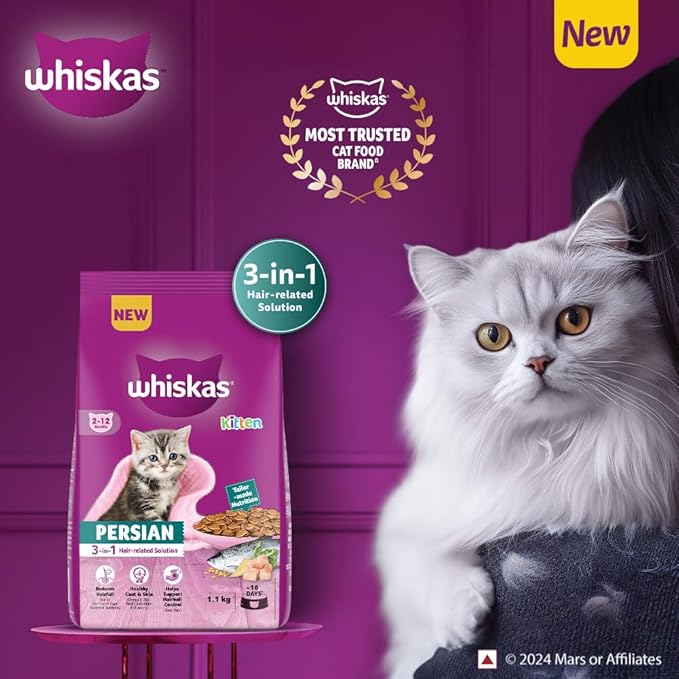 Whiskas Persian Kitten (2-12 Months) Dry Cat Food, 1.1kg, 100% Complete & Balanced Tailor Made Nutrition, Reduces Hairfall, for Healthy Coat & Skin