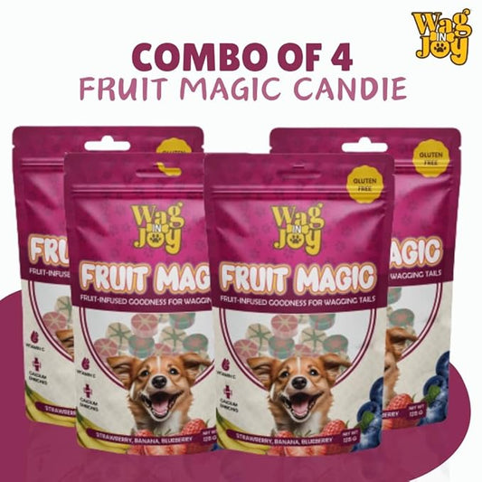 Fruit Magic Veg Treats for Dogs | Vitamin C, Calcium Enriched | Gluten Free | Mix Fruit, Strawberry, Blueberry & Banana Flavour, 125 gm (Candies Shape) (Pack of 4)