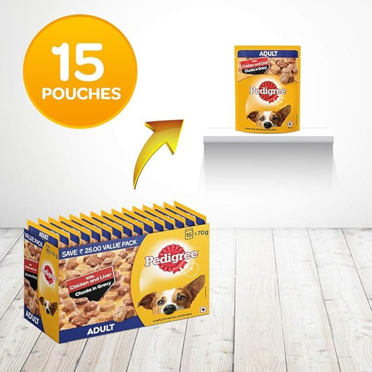 Pedigree Adult Wet Dog Food, Chicken & Liver Chunks in Gravy, 70 g (Pack of 15) and Biscrok Biscuits Dog Treats (Above 4 Months), Milk and Chicken Flavor, 500g Pack