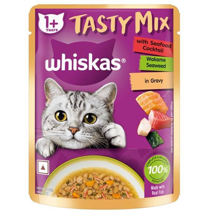 Whiskas Tasty Mix Adult (1+ year) Wet Cat Food, Seafood Cocktail Wakame Seaweed in Gravy, 70 g, Cat Food Made with Real Fish, Complete & Balanced Nutrition for Adult Cats
