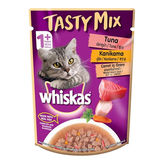 Whiskas Tasty Mix, Adult (1+ Years) Wet Cat Food with Real Fish, Tuna with Kanikama and Carrot in Gravy Flavour, 24 x 70 g Pouches