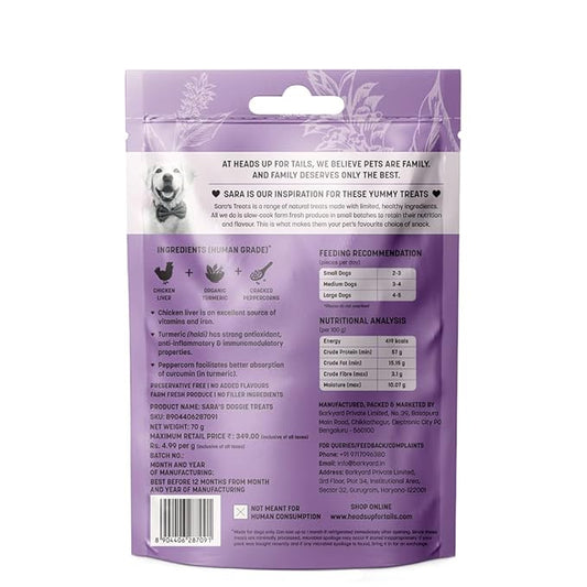 Heads Up For Tails Sara's Dog Treats (Chicken Liver With Organic Turmeric) Highly Nutritional & Digestible, Suitable For All Dog Breeds, Easy To Digest - 70 G, All Life Stages