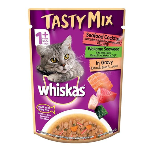 Whiskas Tasty Mix, Adult (1+ Years) Wet Cat Food with Real Fish, Seafood Cocktail Wakame Seaweed in Gravy Flavour, 12 x 70 g Pouches