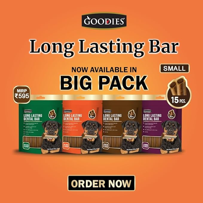 Goodies Dog Dental Treats, Long Lasting Tapioca Starch Bar, Grain, Corn & Soy Free, Promotes Healthy Gums & Teeth, Chicken Flavour - 15 in 1 Small, 425 G (Pack of 1) by DogsNCats,Stick