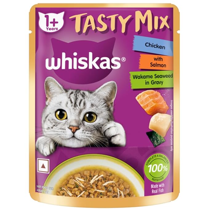 Whiskas Tasty Mix Adult (1+ Year) Wet Cat Food, Chicken with Salmon Wakame Seaweed in Gravy, 70 g, Cat Food Made with Real Fish, Complete & Balanced Nutrition for Adult Cats