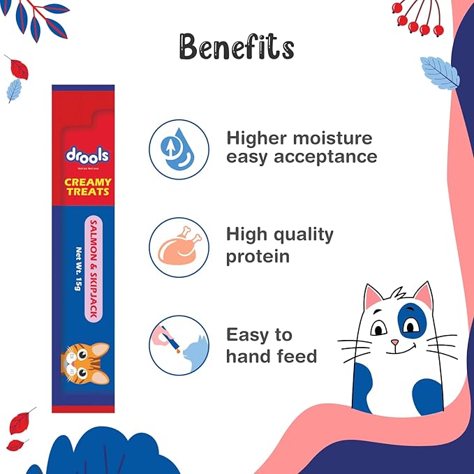 Drools All Life Stages Creamy Lickable Cat Treats 25 Pieces, Pack Total 375g | Salmon & Skipjack Flavour | Taurine for Heart and Vision Health | Easy to Hand Feed | Vitamins and Minerals