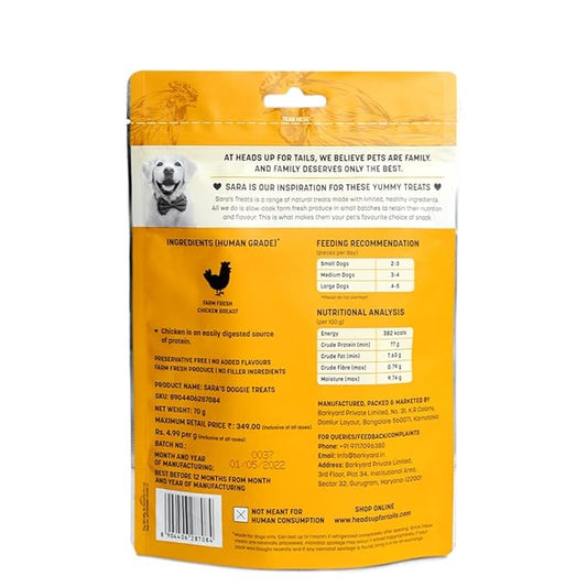 Heads Up For Tails Sara'S Doggie Treats Chicken Jerky,Non Veg Treats For Dogs - 70 G Each (Pack Of 2),Adult,Dry