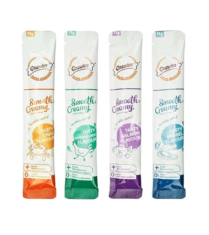 Gnawlers Smooth Creamy Treat for Cats with Tasty Crab, Salmon, Liver, Mussel, Bonito Single Tubes Jar (Pack of 25 Tubes X 15G) Sold by Dogsncats All Life Stages