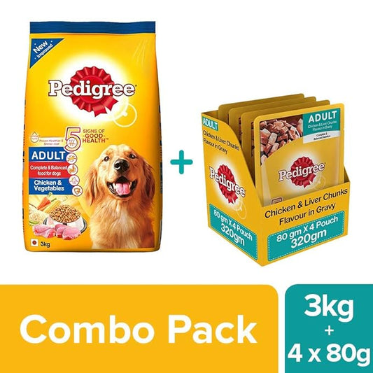 Pedigree Adult Dog Food Combo - Chicken & Vegetables Dry, 3kg + Chicken & Liver Chunks in Gravy, 80g (4 pouches)