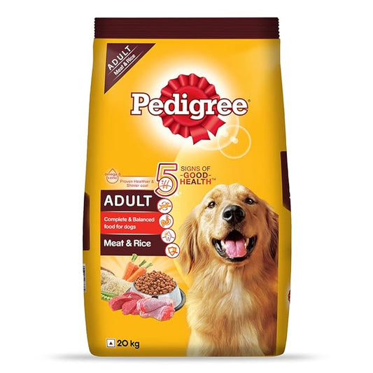 Pedigree Adult Dry Dog Food, Meat & Rice, 20kg & Pedigree Puppy Wet Dog Food, Chicken and Liver Chunks Flavour in Gravy with Vegetables, 30 Pouches (30x70g)