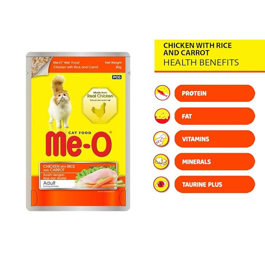 Me-O, Wet Food for Adut Cats, Chicken with Rice & Carrot 80G, Pack of 12 (80G X 12, 960G)