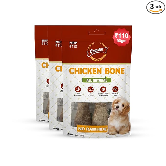 Gnawlers Dog Chicken Chew Bone, 100% Rawhide Free, Made up of Vegetable Protein, Natural Collagen, Best Healthy Chew Bone to Enagage Your Pet, 4.5` inch, 2 in 1, 90gm, Pack of 3 Sold by DogsNCats