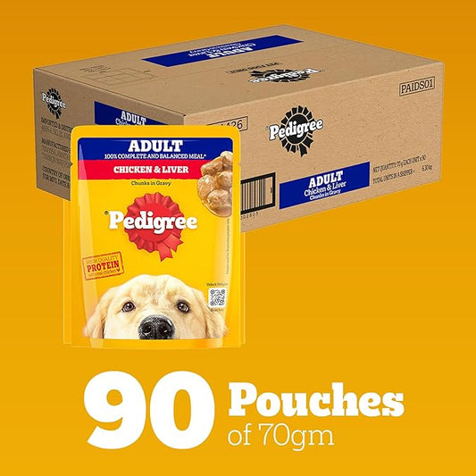 Pedigree Adult Wet Dog Food, Chicken & Liver Chunks in Gravy, 70 g (Pack of 90), Complete & Balanced Meal for Adult Dogs