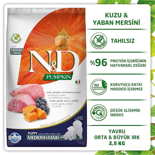 N&D FARMINA PET FOODS Pumpkin Dry Dog Pet Food, Grain-Free, Puppy Medium & Maxi Breed, 2.5-Kg, Lamb and Blueberry.