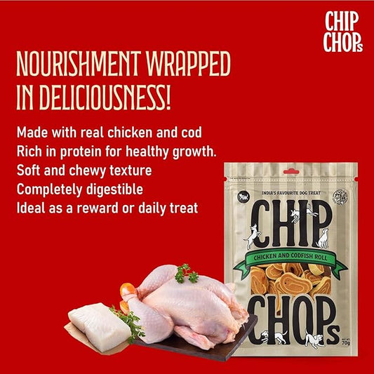 Chip Chops Chicken Codfish Rolls Dog Treat, Highly Nutritional & Digestible, Suitable for All Dog Breeds, Easy to Digest, No Artificial Flavors Added - 70gm