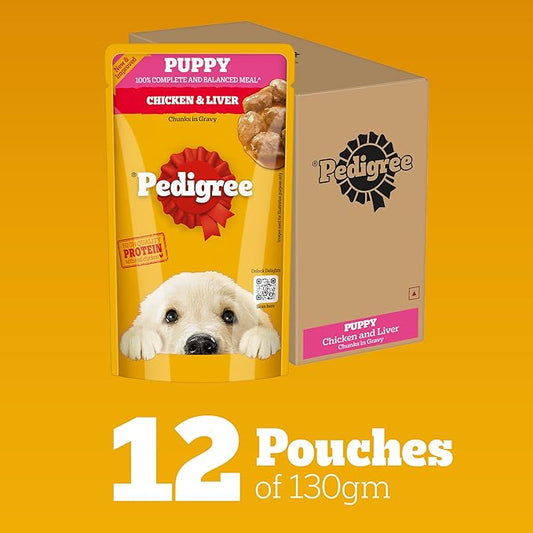 Pedigree Puppy Wet Dog Food, Chicken Chunks in Gravy, 130 g (Pack of 12), Complete & Balanced Meal for Puppies