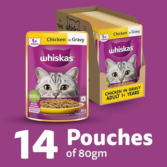 Whiskas Adult (1+ Years) Wet Cat Food, Chicken in Gravy, 80 g (Pack of 14), Hydrating Food Made With Real Chicken, 100% Complete & Balanced Nutrition for Adult Cats