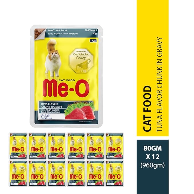 Me-O Pouch CAT Wet Food, Tuna Flavour Chunk in Gravy 80 G, Pack of 12 (80 G X 12, 960 G),Adult