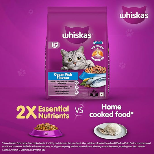 Whiskas Adult (1+ Years) Dry Cat Food, Ocean Fish Flavour, 3 kg, Contains 41 Essential Nutrients, Complete & Balanced Nutrition for Adult Cats (Pack of 2)
