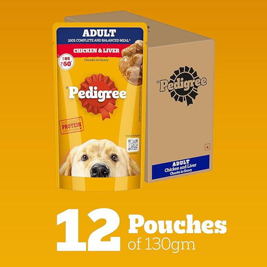 Pedigree Adult Wet Dog Food, Chicken & Liver Chunks in Gravy, 130 g (Pack of 12), Complete & Balanced Meal for Adult Dogs