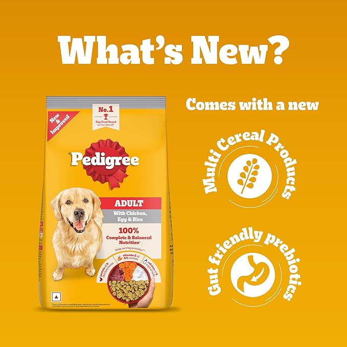Pedigree Adult Dry Dog Food, Chicken, Egg & Rice, 3 kg, Contains 37 Essential Nutrients, 100% Complete & Balanced Food for Adult Dogs