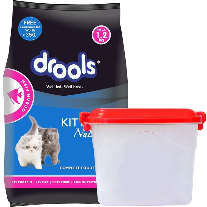 Drools Adult Wet Dog Food, Real Chicken and Chicken Liver Chunks in Gravy, 24 Pouches (24 x 150g)&Drools Kitten(1-12 Months) Dry Cat Food, Ocean Fish, 1.2kg with Free Container
