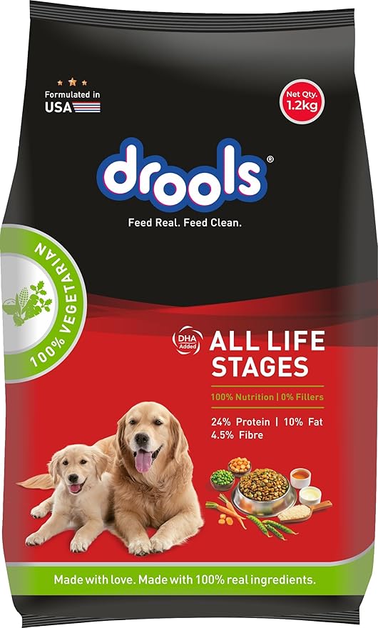 Drools Adult & Puppy Dry Dog Food 1.2 kg Pack | 100% Vegetable Flavour | All Lifestages | Better Digestibility | Strong Bone and Teeth Development | Boosted Immunity