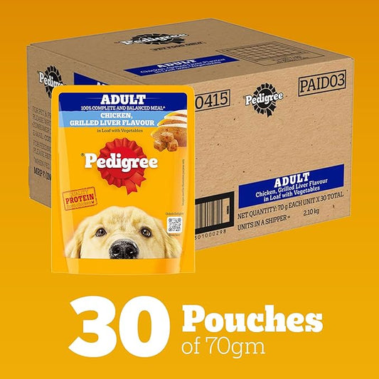 Pedigree Adult Wet Dog Food, Chicken Grilled Liver Flavour in Loaf with Vegetables, 70 g (Pack of 30), Supports Healthy Immune System, Complete & Balanced Nutrition for Adult Dogs