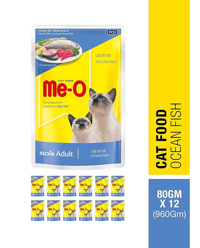 ME-O Wet Pouch Adult CAT Food Ocean Fish Flavour 80 G Pack of 12, 960g