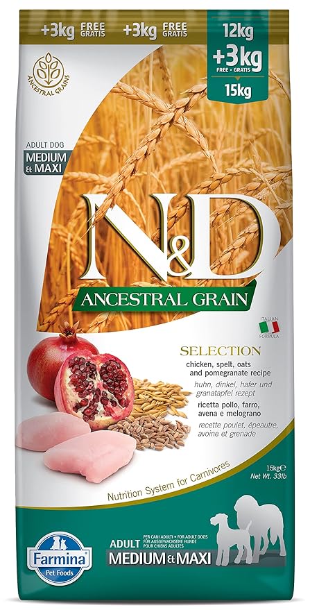 FARMINA PET FOODS Ancestral Grain Selection Dry Dog Food, Adult Medium & Maxi Breed, 12kg + 3kg Free, Chicken and Pomegranate