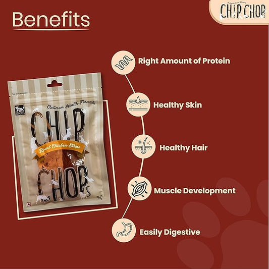 Combo of Chip Chop Dog Treat, Healthy Nutritious Treat,Roast Chicken Strips and Sun Dried Chicken Jerky Easily Digestible, Used for Snacks, Training Treats, Suitable for All Dog Breeds, Each 70 gm
