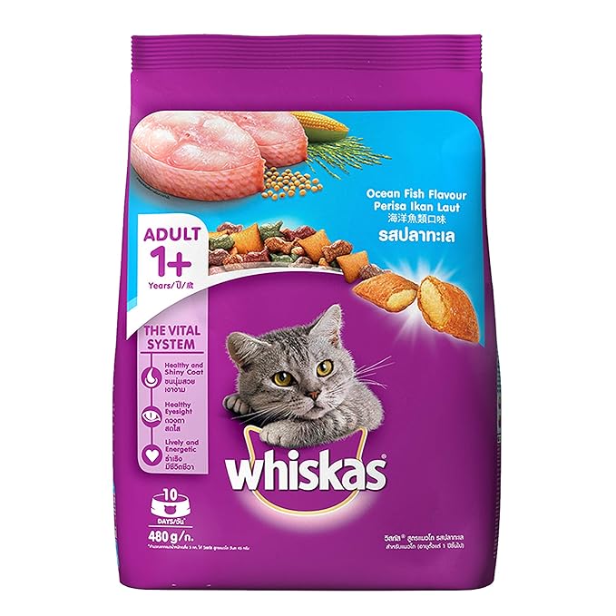 Whiskas Adult (+1 Year) Dry Cat Food, Ocean Fish Flavour, 480g Pack & Adult (+1 Year) Dry Cat Food, Tuna Flavour, 480g Pack