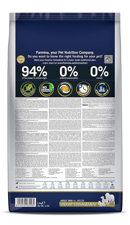 N&D FARMINA PET FOODS Quinoa Weight Management Dry Dog Food, Grain-Free, Adult Breed, 2.5- Kg, Lamb Broccoli and Asparagus,Pack of 1