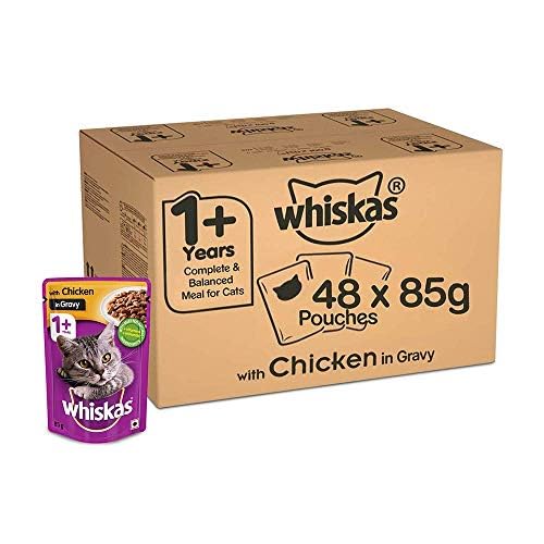 Whiskas Adult (1+ Years) Wet Cat Food, Chicken in Gravy Flavour, 48 x 85 g Pouches
