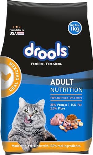 Drools Cat Adult Dry Cat Food 1kg with Free Cat Creamy Treat 75g | Real Chicken Flavour | Hair Ball Protection | Taurine for Healthy Heart | Healthy Skin & Beautiful Coat