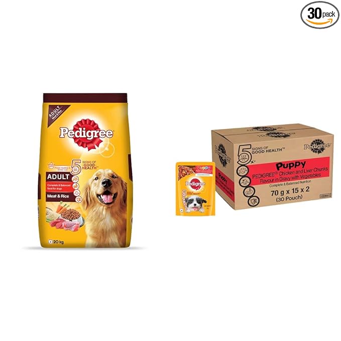 Pedigree Adult Dry Dog Food, Meat & Rice, 20kg & Pedigree Puppy Wet Dog Food, Chicken and Liver Chunks Flavour in Gravy with Vegetables, 30 Pouches (30x70g)