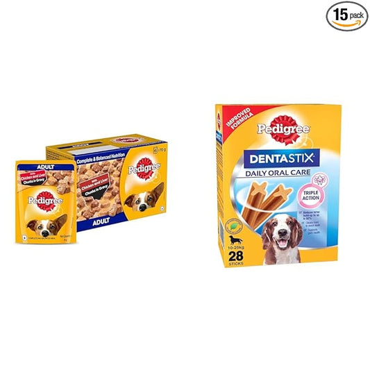 Pedigree Adult Nutrition &amp; Oral Care Bundle | Chicken &amp; Liver Gravy + Dentastix (1.77kg Combo)