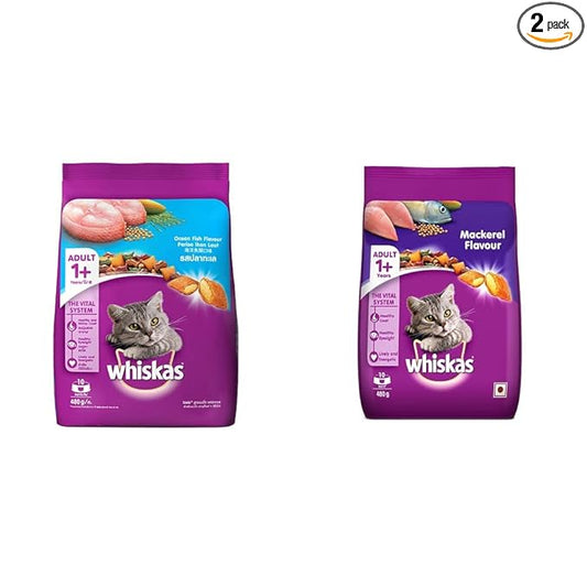 Whiskas Adult (+1 Year) Dry Cat Food, Ocean Fish Flavour, 480g Pack & Adult (+1 Year) Dry Cat Food, Mackerel Flavour, 480g Pack