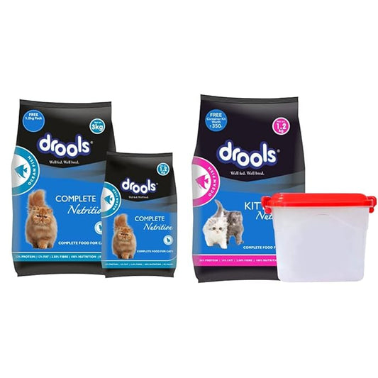 Drools Adult(+1 Year) Dry Cat Food, Ocean Fish, 3 kg + 1.2 kg Free & Kitten(1-12 Months) Dry Cat Food, Ocean Fish, 1.2kg with Free Container