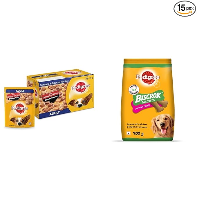 Pedigree Adult Wet Dog Food, Chicken & Liver Chunks in Gravy, 70 g (Pack of 15) and Biscrok Biscuits Dog Treats (Above 4 Months), Milk and Chicken Flavor, 500g Pack