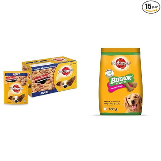 Pedigree Adult Wet Dog Food, Chicken & Liver Chunks in Gravy, 70 g (Pack of 15) and Biscrok Biscuits Dog Treats (Above 4 Months), Milk and Chicken Flavor, 500g Pack