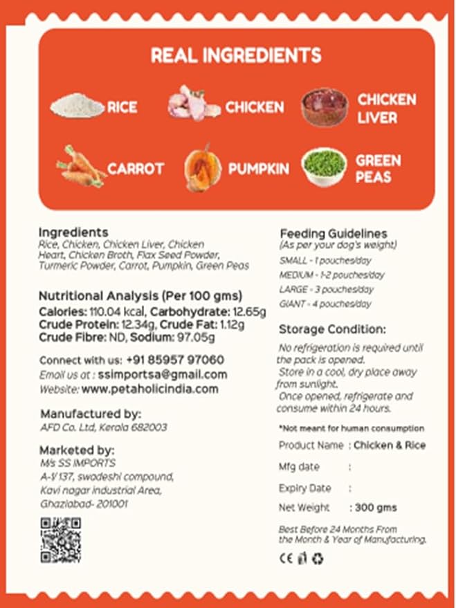 Petaholic Wholesome Woof Chicken & Rice Dog Food, 300g, Pack of 2, High Protein, Human Grade, 100% Natural by DogsNCats