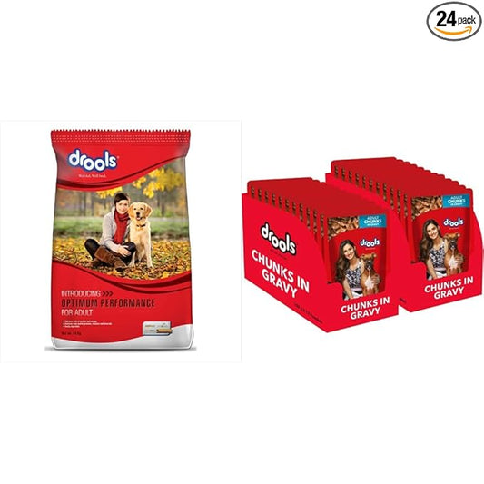 Drools Optimum Performance Adult Dog Food,10kg & Adult Wet Dog Food, Real Chicken and Chicken Liver Chunks in Gravy, 24 Pouches (24 x 150g)