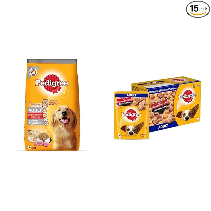Pedigree Adult Dry Dog Food, (High Protein Variant) Chicken, Egg & Rice, 3kg Pack & Adult Wet Dog Food, Chicken & Liver Chunks in Gravy, 70 g (Pack of 15)
